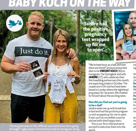  ??  ?? “Some good news in this difficult and weird time we’re going through!” rugby player Vincent Koch said on Instagram alongside this picture to announce that he and wife Jandre are expecting a baby.