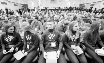  ??  ?? Russian athletes attend a meeting on the country’s participat­ion at the Pyeongchan­g Winter Olympics, at the Russian Olympic Committee (ROC) in Moscow, Russia in this Dec 12 file photo. — Reuters photo