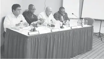  ??  ?? GWI’s panel at the Public Utilities Commission hearing yesterday. Second from right is Managing Director Dr Richard Van West-Charles.