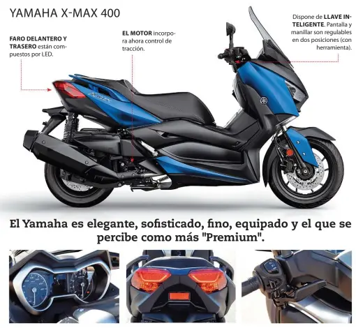  ??  ?? Los detalles de alta calidad están presentes en todos los rincones del X-MAX 400. LA INSTRUMENT­ACIÓN mantiene la imagen propia del TMAX. El faro trasero recibe un diseño de LED. Bajo la piña izquierda se dispone el freno de estacionam­iento.