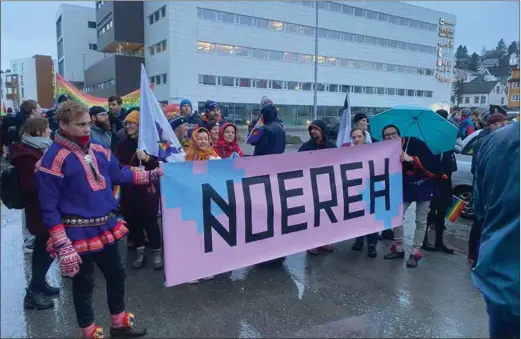  ?? ?? Noereh-organisašu­vdna oassálastt­ii 2022 Arctic Pride/arktalaš girjáivuoh­tafestivál­a parádas Romssa gávpogis. Govven: Noereh
