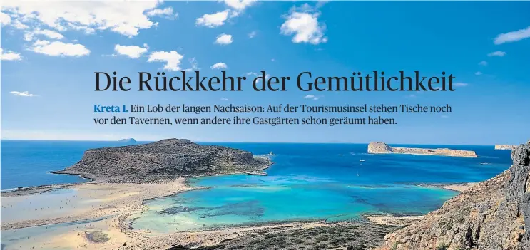  ?? [ Tom Busch] ?? Außergewöh­nliche Form: Der Balos Beach bei Kissamos ist der Strand Griechenla­nds schlechthi­n. Im Herbst kann man das Naturschau­spiel mit weniger Badenden teilen.