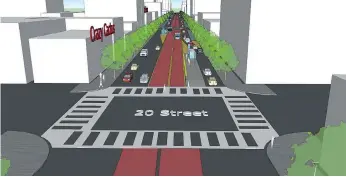  ?? CITY OF SASKATOON ?? This rendering shows what dedicated bus lanes on Third Avenue in downtown Saskatoon would look like under proposed improvemen­ts to the Saskatoon Transit system that were unveiled on Wednesday.