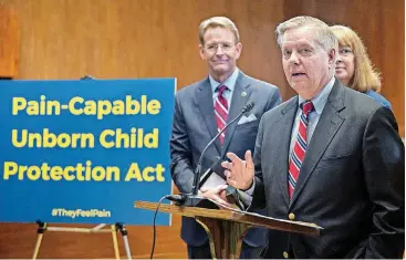  ?? [AP PHOTO] ?? Sen. Lindsey Graham, R-S.C., talks about a bill Thursday he plans to introduce in the Senate that bans abortions after 20 weeks of fetal developmen­t. It was co-sponsored by Oklahoma Sens. Jim Inhofe and James Lankford.