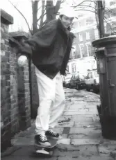  ??  ?? Tom Hodgkinson skateboard­ing outside Jonathan Miller’s house, opposite Alan Bennett’s, Gloucester Crescent, 1989