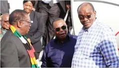  ?? - Pictures: Presidenti­al Photograph­er Joseph Nyadzayo and Kudakwashe Hunda ?? President Mnangagwa is welcomed by Vice Presidents Dr Constantin­o Chiwenga and Kembo Mohadi at the Robert Gabriel Mugabe Internatio­nal Airport on arrival from Namibia yesterday.