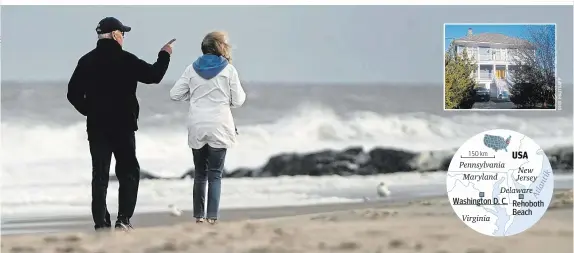  ?? ?? Jill Biden am Atlantikst­rand von Rehoboth Beach. Oben rechts ihr geräumiges, aber nicht ausschweif­end luxuriöses Ferienhaus
