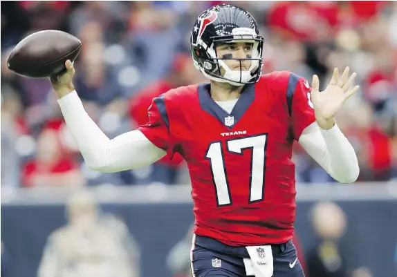  ?? — GETTY IMAGES ?? Brock Osweiler, who signed a US$72-million contract with the Houston Texans in the off-season, was relieved on Sunday by backup Tom Savage, who led the Texans to a comeback 21-20 victory over the Jacksonvil­le Jaguars.