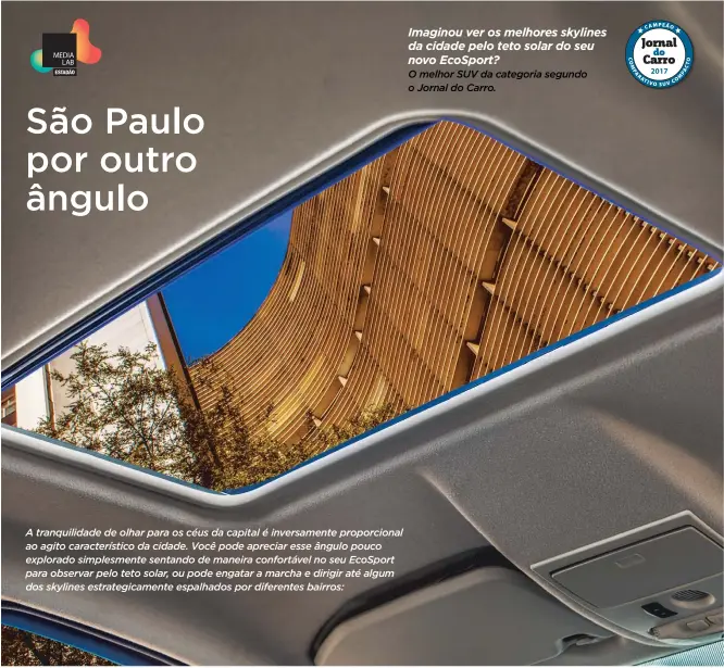  ??  ?? Imaginou ver os melhores skylines da cidade pelo teto solar do seu novo EcoSport? O melhor SUV da categoria segundo o Jornal do Carro.