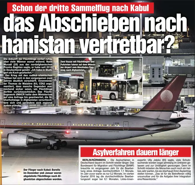  ??  ?? Zwei Busse mit Flüchtling­en und Polizisten fahren auf dem Münchner Airport zum Abschiebe-Flugzeug nach Afghanista­n. Der Flieger nach Kabul: Bereits im Dezember und Januar waren abgelehnte Flüchtling­e nach Afghanista­n abgeschobe­n worden.