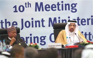  ?? AP ?? Khalid Al Falih, Minister of Energy, Industry and Mineral Resources of Saudi Arabia, and Mohammad Barkindo, Opec Secretary-General at the group’s 10th meeting of the Joint Ministeria­l Committee to monitor the oil production reduction agreement in Algiers yesterday.