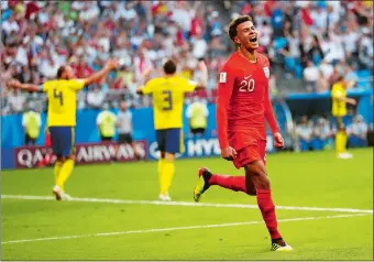  ?? MATTHIAS SCHRADER/AP PHOTO ?? Dele Alli celebrates after scoring England’s final goal during Saturday’s 3-0 win over Sweden in a World Cup quarterfin­al match in Samara, Russia. England will play Croatia in Wednesday’s semifinals.