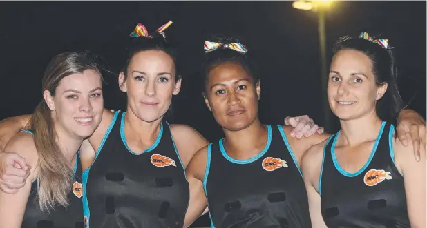  ?? Picture: ANNA ROGERS ?? SOLIDARITY: Belinda Mays, Kylie Ferrier, Kila Park and Emma Lovell, Scorchers teammates of critically injured Claire Tucker, wear rainbow ribbons in their hair in her honour at Monday night's netball game.