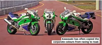  ??  ?? Kawasaki has often copied the corporate colours from racing to road.