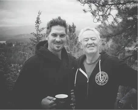  ??  ?? Sheldon Souray enjoys a morning coffee with his father, Richard, at the former Habs defenceman’s home in Idaho on Father’s Day 2015, one year before Richard died. Souray began taking painkiller­s following a wrist surgery in 2013 and, when his father...