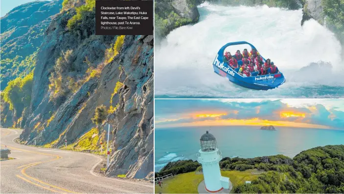  ?? Photos / File; Bare Kiwi ?? Clockwise from left: Devil’s Staircase, Lake Wakatipu; Huka Falls, near Taupo; The East Cape lighthouse, past Te Araroa.
