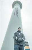  ?? ORSEPOWER OY LTD VIA AP ?? Tuomas Risk, CEO of Norsepower Oy Ltd, poses in the North Sea in front of one of his company’s rotor sails in this file photo.