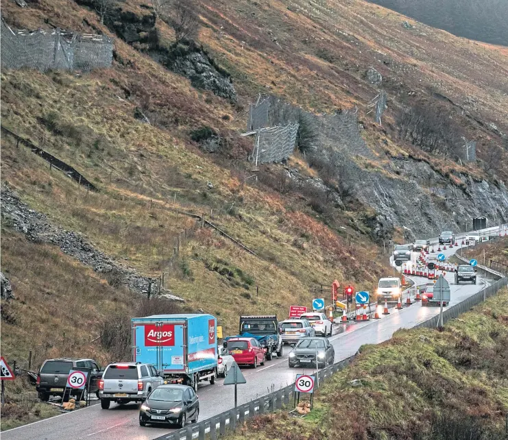  ?? ?? Traffic is queued up on the A83 Rest and Be Thankful road as more roadworks and repairs are carried out