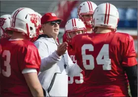  ?? (Democrat-Gazette file photo) ?? Harding Academy Coach Neil Evans (middle), who led the Wildcats to a Class 3A state championsh­ip last season, said he may leave the team’s Oct. 16 open, which was to have been against Rose Bud. The Ramblers didn’t play a full schedule in 2019 and couldn’t finish the 2016 and 2018 seasons because of low numbers.