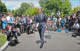  ?? PABLO MARTINEZ MONSIVAIS/AP PHOTO ?? White House senior adviser Jared Kushner walks away from the podium Monday after speaking to reporters outside the White House in Washington, after meeting on Capitol Hill behind closed doors with the Senate Intelligen­ce Committee on the investigat­ion...