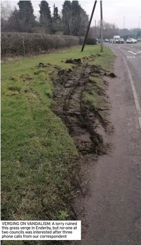  ?? ?? VERGING ON VANDALISM: A lorry ruined this grass verge in Enderby, but no-one at two councils was interested after three phone calls from our correspond­ent