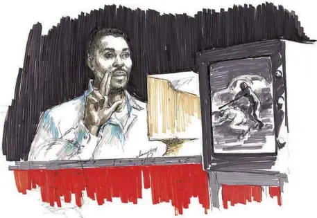  ?? Mary Chaney Family Trust / Prints and Photograph­s Division, Library of Congress ?? RODNEY KING testifies in court, as drawn by Mary Chaney. The Library of Congress has acquired 269 of her sketches from the case.
