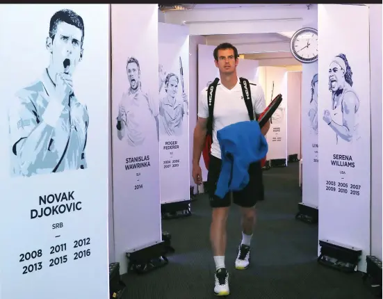  ?? PICTURE EXCLUSIVE: DAVE SHOPLAND ?? Corridor of power: Andy Murray, beaten in five Australian Open finals — including four by six-time winner Novak Djokovic — takes a walk among the tournament champions ahead of his first-round match