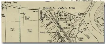  ?? Crown Copyright ?? The 1900 (1899 revision) 25 inch OS map shows Port Carlisle (Fisher’s Cross) railway station and its adjacent (first) engine shed and turntable. Sited where the river Eden, to its east, meets the river Esk, with the waters continuing as the Bowness Wath out to the Solway Firth, the community of Fisher’s Cross gained its port facility in 1819, its canal establishe­d four years later and in due course, about 35 years, being adopted to build the railway.