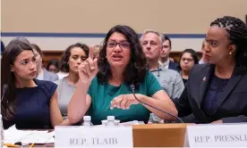  ??  ?? Rashida Tlaib reacts during testimony as Alexandria Ocasio-Cortez and Ayanna Pressley comfort her during a House hearing on the Trump administra­tion’s child separation policy. Photograph: Erik S Lesser/EPA