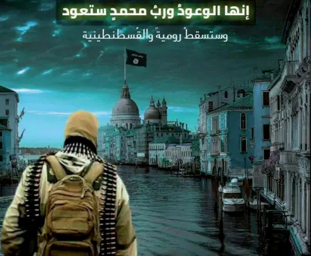  ??  ?? Immagine-choc Il fotomontag­gio di un terrorista a Venezia, diffuso sui canali Telegran dell’Isis