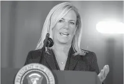  ?? AP Photo/Evan Vucci ?? Kirstjen Nielsen, President Donald Trump’s nominee to be the next secretary of Homeland Security, speaks Thursday during a press event in the East Room of the White House.