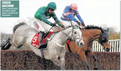  ??  ?? Daryl Jacob and Terrefort (left) beat Cyrname at Sandown