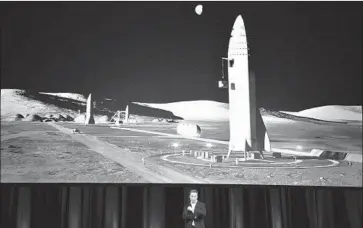  ?? Peter Parks AFP/Getty Images ?? SPACEX Chief Executive Elon Musk speaks in Australia last year below a computer-generated illustrati­on of the Hawthorne company’s BFR, a rocket and spaceship system that is key to SpaceX’s plans to colonize Mars.