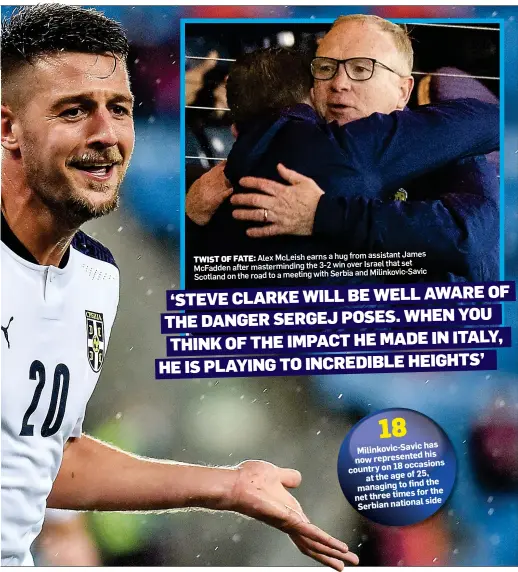  ??  ?? assistant James TWIST OF FATE: Alex McLeish earns a hug from
Israel that set McFadden after mastermind­ing the 3-2 win over and Milinkovic-Savic Scotland on the road to a meeting with Serbia