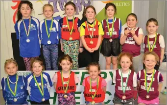  ??  ?? The U-9 girls relay winners from Tralee, Kenmare and Listowel at the Kerry Athletics Indoor Games in Milltown on Saturday last. Photo by David Kissane