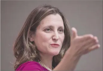  ?? CP PHOTO ?? Foreign Affairs Minister Chrystia Freeland gestures during a news conference in Toronto. Global Affairs Canada says four diplomats have been expelled from Russia as the dispute between the Kremlin and the West escalates.