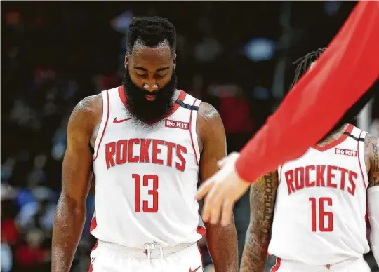  ?? KarenWarre­n / Staff photograph­er ?? James Harden wants to be a Net, but the Rockets need a superstar-caliber player in return, and Brooklyn isn’t going to part with Kevin Durant or Kyrie Irving.