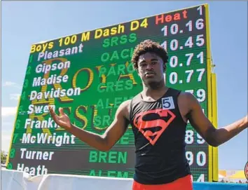  ?? Dylan Stewart ?? RODRICK PLEASANT, headed to Oregon in the fall, broke a 37-year-old state record in the 100 meters last year as a junior at Gardena Serra. He says this season he’s taking aim at the national record in the 200.