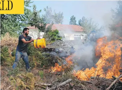  ?? FRANCISCO LEONG / AFP / GETTY IMAGES ?? A man throws water on a blaze in Atalaia Fundeira, Portugal, on Monday. More than 2,700 firefighte­rs are trying to control the wildfires that have killed at least 63 people and injured dozens more.