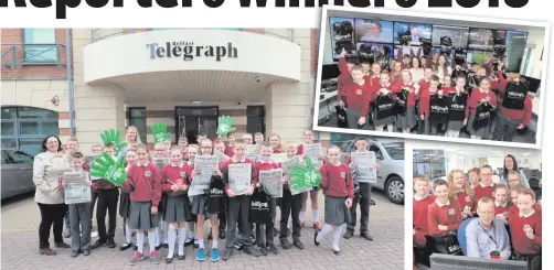  ??  ?? Pupils from Augher Central PS visit the Belfast Telegraph HQ, top right, meeting Editor Gail Walker, right, with Picture Editor Peter Rainey