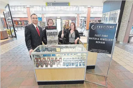  ?? JOHN RENNISON THE HAMILTON SPECTATOR ?? Milon Talsania, vice-president operations, left, at the Limeridge Mall location of Fast Time Watch & Jewellery Repair, with from left, Jody Phillip, regional manager, Cassiopeia Kenner and Krystal Baran.