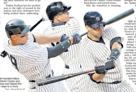  ?? Paul J. Bereswill (2); AP ?? LEFT OUT: The presence of right-handed hitters such as (from left) Aaron Judge, Starlin Castro and Gary Sanchez in the Yankees’ lineup has helped the franchise shift from its lefty-heavy ways to a more balanced approach.