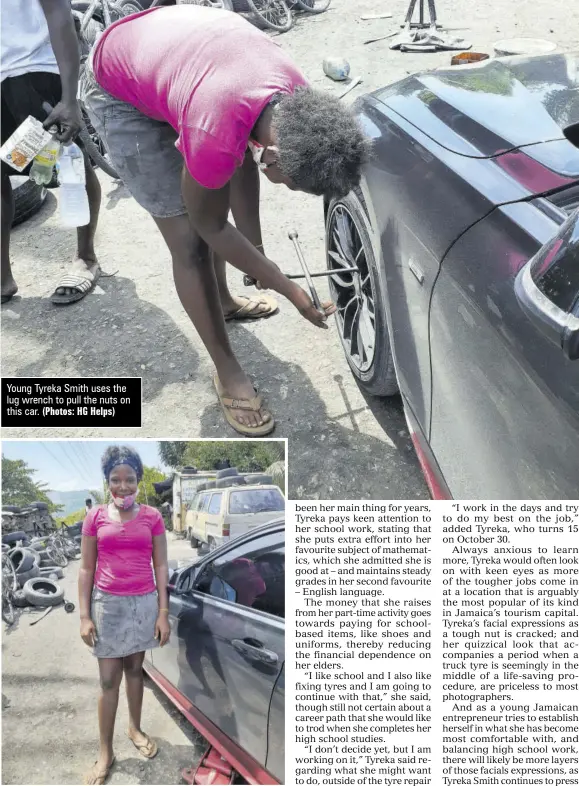  ?? (Photos: HG Helps) ?? Young Tyreka Smith uses the lug wrench to pull the nuts on this car.
Tyreka Smith poses before proceeding to jack up the car next to her.