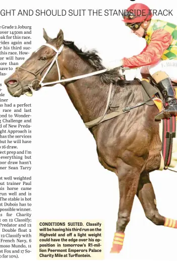  ??  ?? CONDITIONS SUITED. Classify will be having his third run on the Highveld and off a light weight could have the edge over his opposition in tomorrow’s R1- million Peermont Emperors Palace Charity Mile at Turffontei­n.