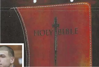  ?? STAFF FILE PHOTO, LEFT, BY ANGELA ROWLINGS; PHOTO, ABOVE, COURTESY MASS. EOPS ?? THE GOOD BOOK: In Aaron Hernandez’s Bible, above, investigat­ors found a blood stain next to the verse John 3:16.