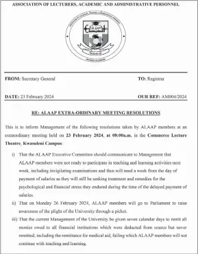  ?? ?? A copy of the letter issued by ALAAP Secretary General Dr Mduduzi Shongwe directed to the Registrar, Dr Salebona Simelane.