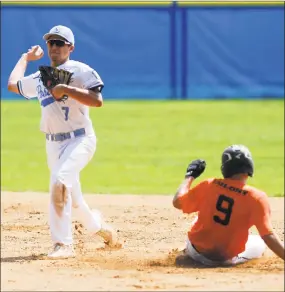  ?? Matthew Brown / Hearst Connecticu­t Media ?? Stamford’s Noah Skaug (7) throws to first after the force out of Orange’s Matteo Delsanto in the second inning in the American Legion state tournament opener at Cubeta Stadium on Saturday in Stamford. Stamford defeated Orange 60.