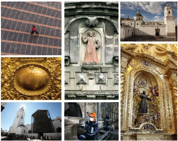  ??  ?? ARRIBA - ABAJO, IZQ. - DER. / TOP - BOTTOM, LEFT - RIGHT: plazas para caminar / pedestrian-friendly squares . laminas de pan de oro / gold-leaf plating . Recuperaci­ón de la fachada de la iglesia de El Sagrario / Process of restoratio­n of El Sagrario...