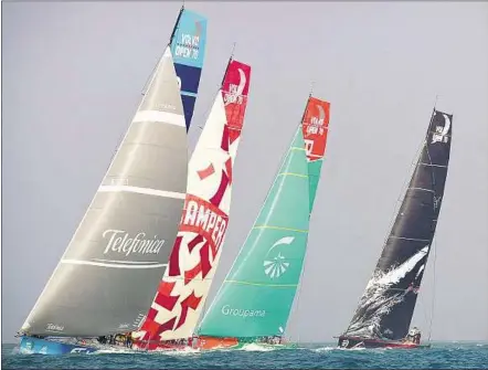  ??  ?? Telefonica and Camper fight for the lead during the start of Leg 3 of the Volvo Ocean Race on Saturday. Team Abu Dhabi won the first stage of the leg to Sharjah after Telefonica had led for most of the way from Abu Dhabi.