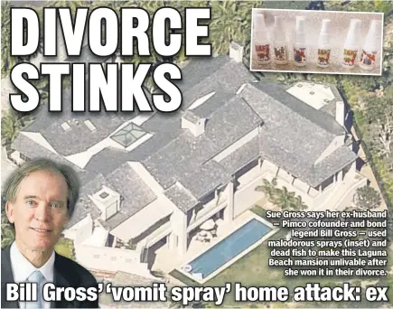  ??  ?? Sue Gross says her ex-husband — Pimco cofounder and bond legend Bill Gross — used malodorous sprays (inset) and dead fish to make this Laguna Beach mansion unlivable after she won it in their divorce.